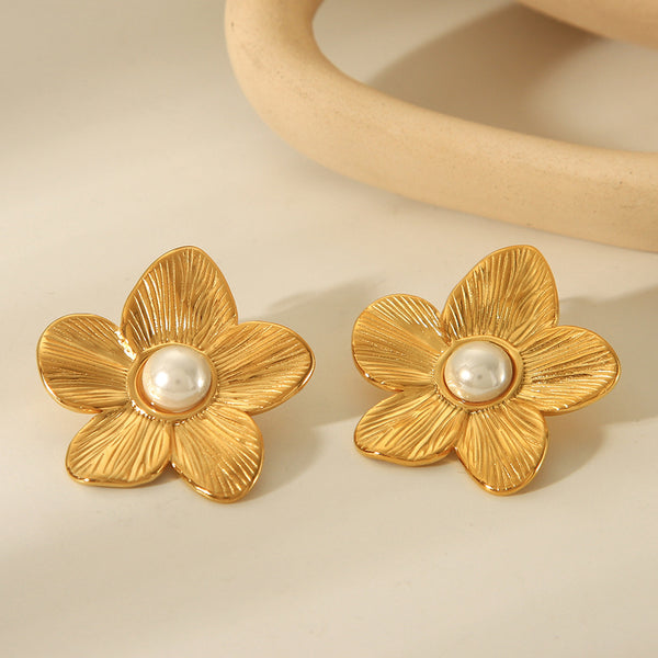 IG Style Pearl Flower Geometric Stainless Steel Electroplating Earrings