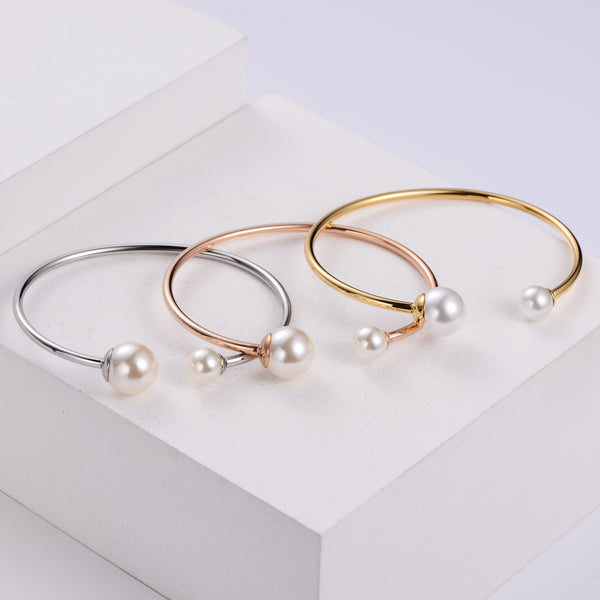 Japanese / Korean Women Metal Pearl Droplet Stainless Steel Bangles