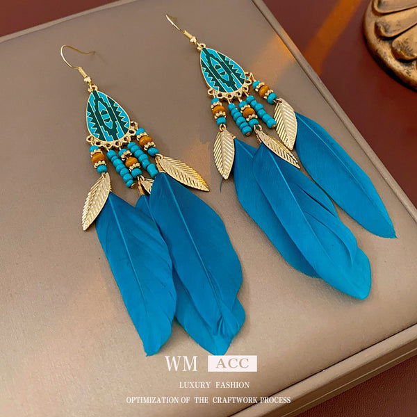 Ethnic Feather Droplet Feather Oil Dripping Earrings