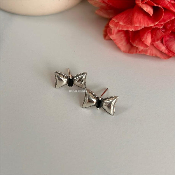 925 Sterling Silver Korean Bowknot Text Letter Number Silver Electroplating Stud Earrings