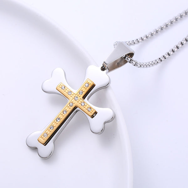 Retro Men Vintage Cross Cross Titanium Steel Diamond Inlay Pendants