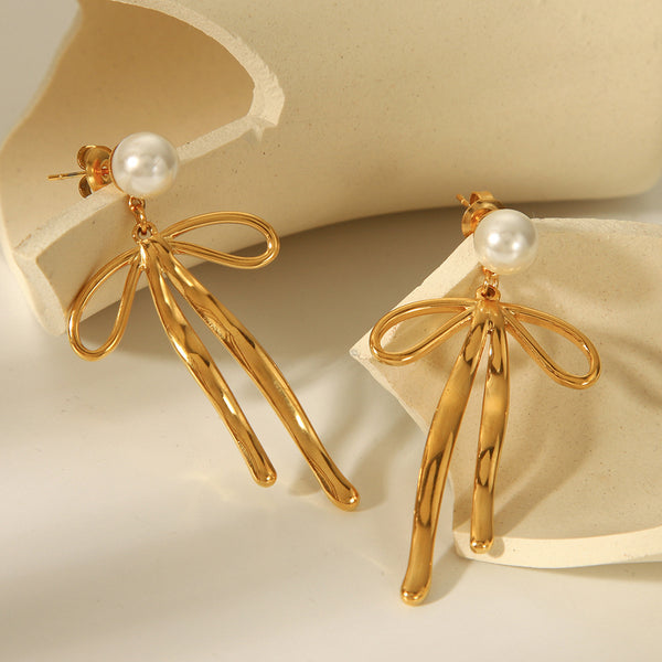 IG Style Pearl Bowknot Geometric Stainless Steel Electroplating Earrings