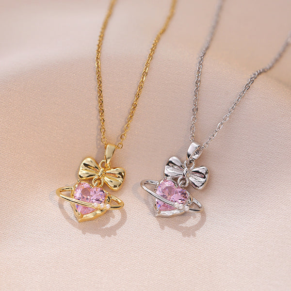 Korean Bowknot Geometric Titanium Steel Diamond Inlay Necklaces