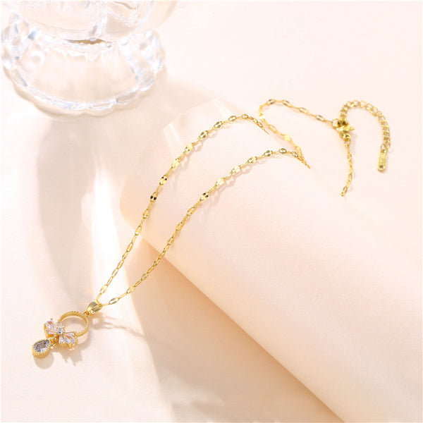 Korean Women Geometric Metal Bowknot Titanium Steel Diamond Inlay Necklaces