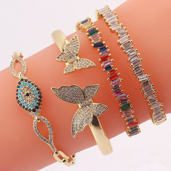 Korean Women Metal Butterfly Insect Copper Zircon Inlay Bangles