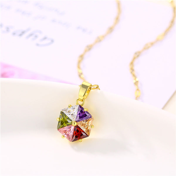 Korean Women Flower Titanium Steel Diamond Inlay Necklaces