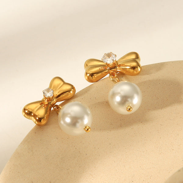 IG Style Pearl Bowknot Geometric Stainless Steel Electroplating Earrings