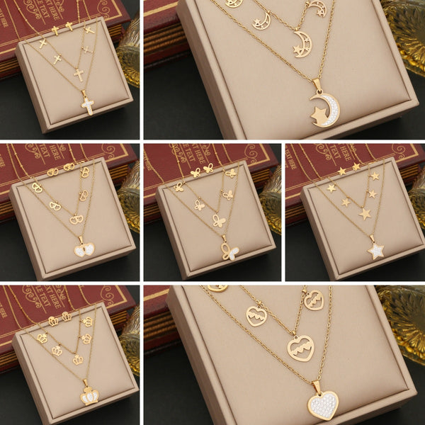 Fashion Crown Heart Double Circle Pentagram Star Stainless Steel Electroplating Necklaces