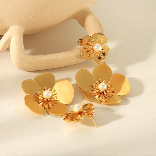 IG Style Pearl Flower Geometric Stainless Steel Electroplating Earrings