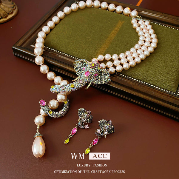 Women Luxurious Biggy Elephant Bear Animal Artificial Pearl Diamond Inlay Jewelry Sets