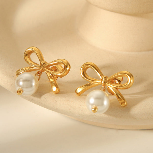 IG Style Pearl Bowknot Geometric Stainless Steel Electroplating Earrings