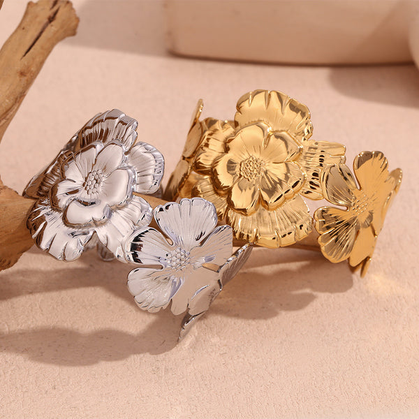 Fashion Flower Stainless Steel 18K Gold Plated Bangles