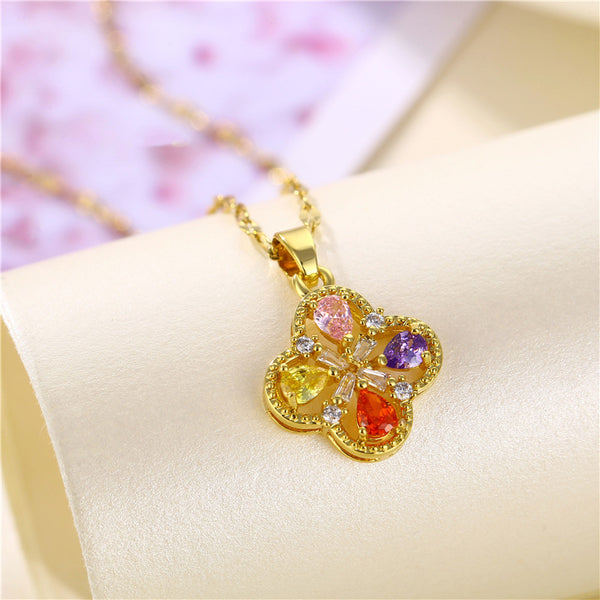 Korean Women Four-leaf Clover Titanium Steel Diamond Inlay Necklaces