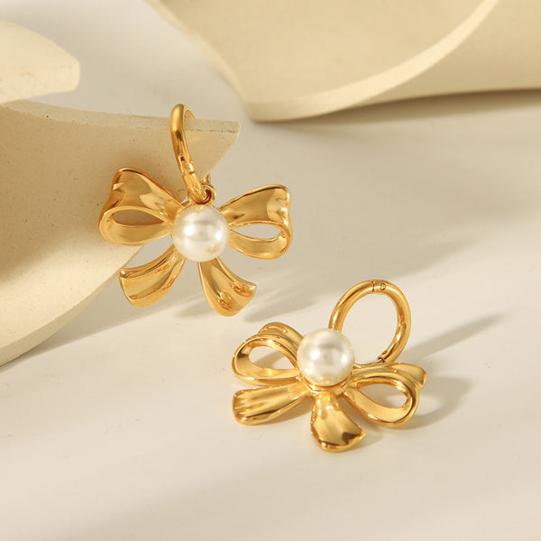 IG Style Pearl Bowknot Geometric Stainless Steel Electroplating Earrings