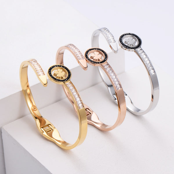 Women Minimalist Metal Diamond Flower Titanium Steel Polishing Bangles