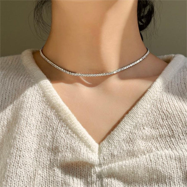 925 Sterling Silver Fashion Tennis / Diamond Line Silver Electroplating Necklaces