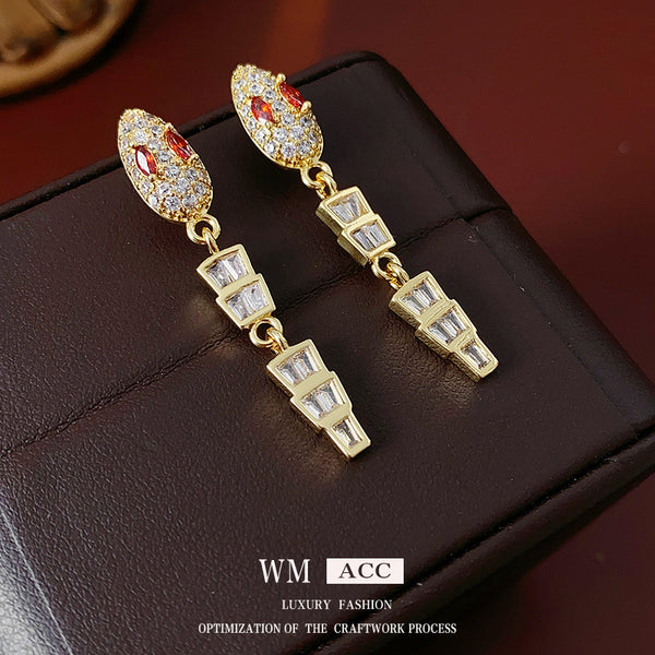 Medieval Snake Geometric Chinese Zodiac Animal Alloy Zircon Inlay Earrings