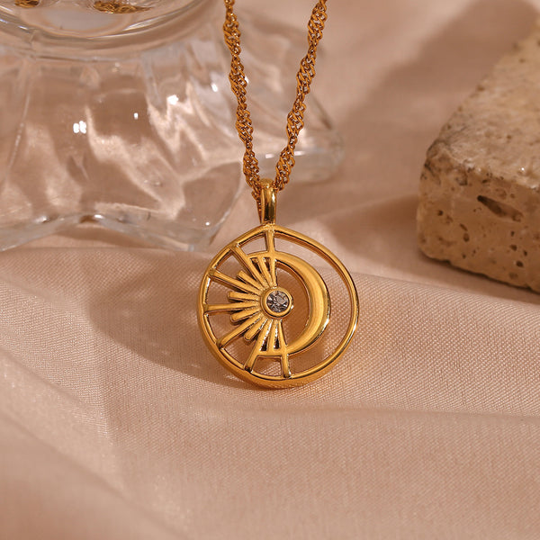 Fashion Sun Moon Geometric Stainless Steel 18K Gold Plated Necklaces