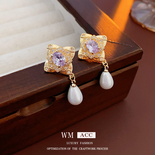 Luxurious Flower Droplet Flower Artificial Pearl Zircon Inlay Earrings