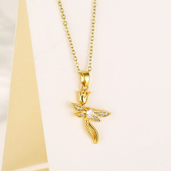 Women Minimalist Geometric Metal Dragonfly Stainless Steel Electroplating Necklaces