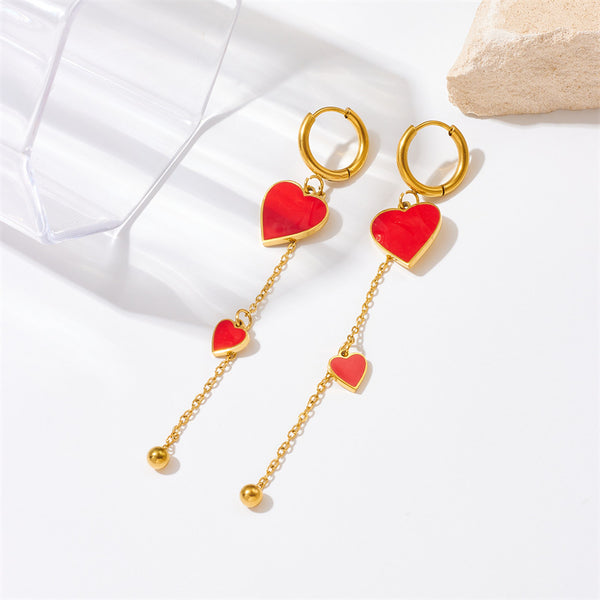 Korean Heart Chain Tassel Titanium Steel Electroplating Earrings