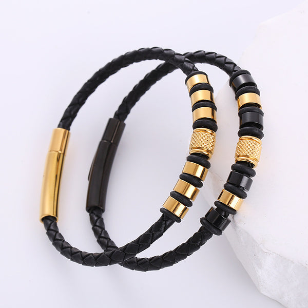 Exotic Men Metal Pearl Skull Leather Electroplating String Bracelets