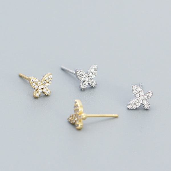 925 Sterling Silver Cute Butterfly Chinese Zodiac Animal Silver Diamond Inlay Stud Earrings