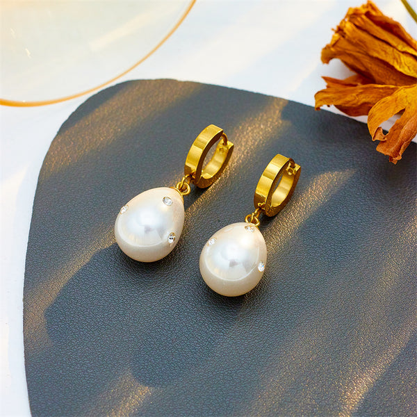 Pearl Droplet Titanium Steel Electroplating Stud Earrings