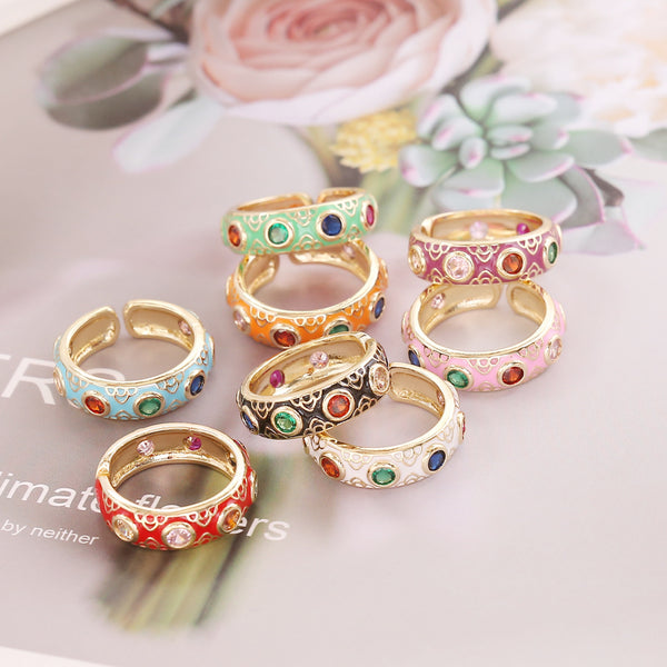 Women Retro Vintage Metal Flower Copper Oil Dripping Rings