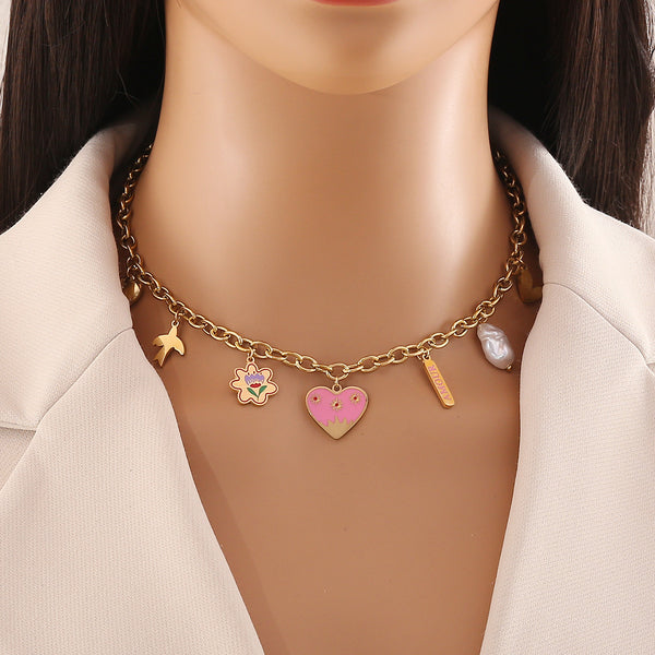 Fashion Heart Heart Stainless Steel Oil Dripping Necklaces