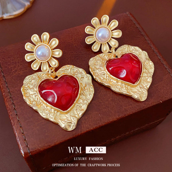 Luxurious Heart Geometric Heart Flower Artificial Pearl Electroplating Earrings