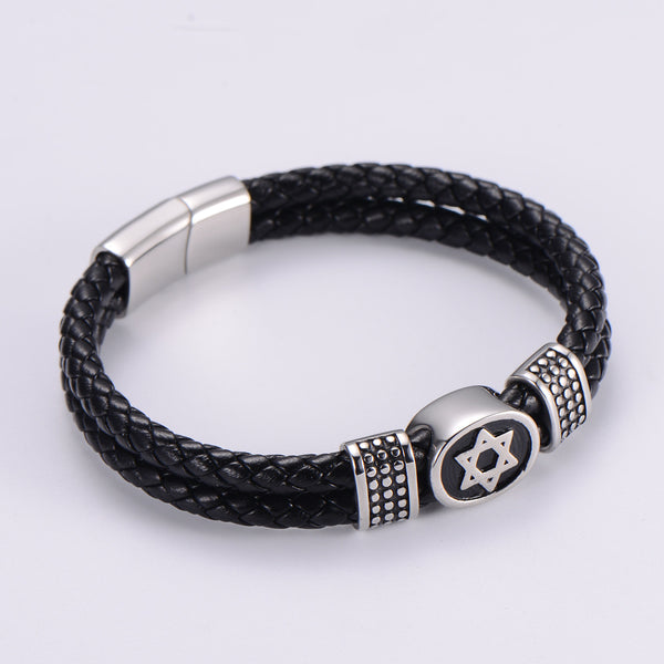 Men Metal Six-Pointed Star Leather Bangles