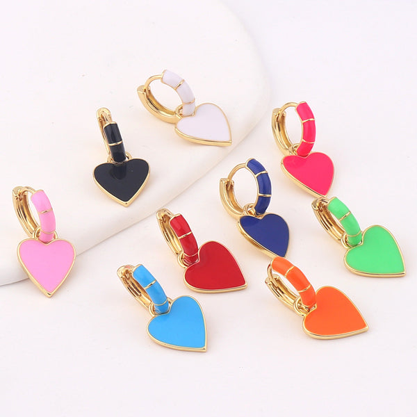 Vintage Retro Women Metal Heart Heart Copper Oil Dripping Earrings