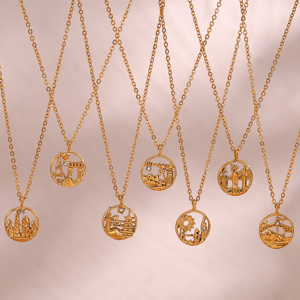 Fashion Round Geometric Stainless Steel 18K Gold Plated Necklaces