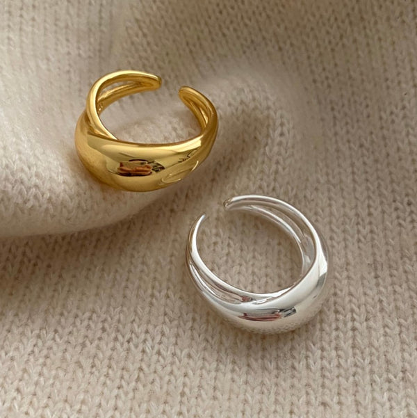 925 Sterling Silver Women Japanese / Korean Double Circle Wave Silver Silver Plating Rings