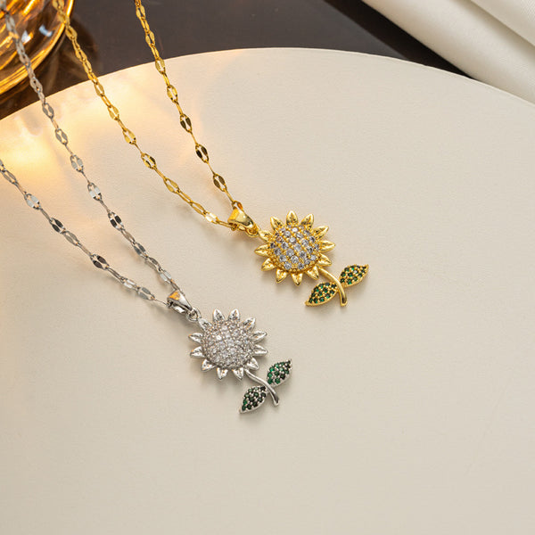 Fashion Sunflower Flower Titanium Steel 18K Gold Plated Necklaces