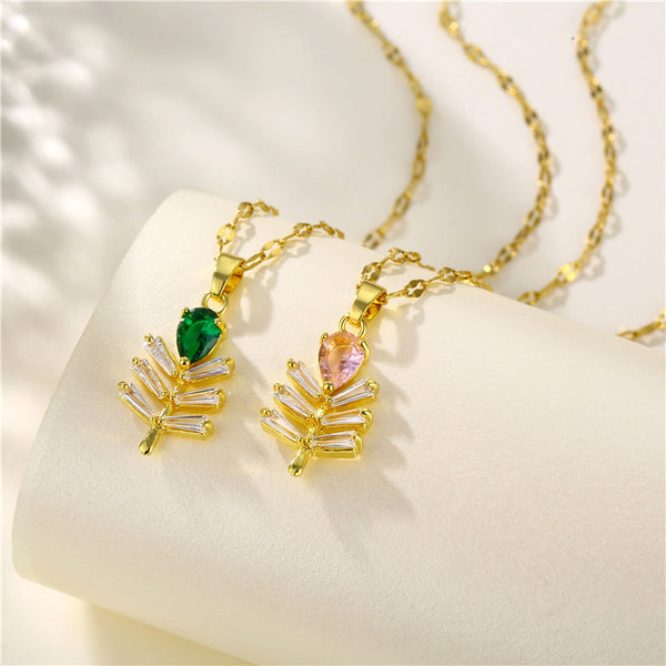 Korean Women Leaf Titanium Steel Diamond Inlay Necklaces