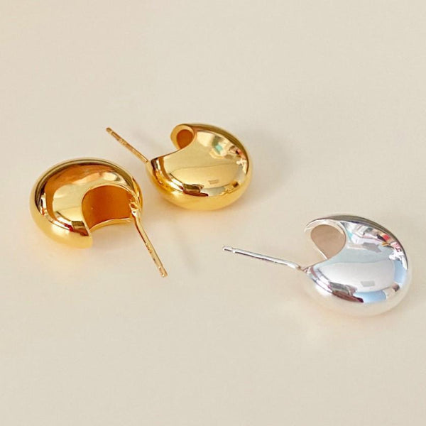 925 Sterling Silver Minimalist Ellipse Circle Round Droplet Silver Pearl Inlay Stud Earrings