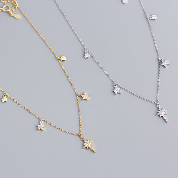 925 Sterling Silver Women Star Star Silver Diamond Inlay Necklaces