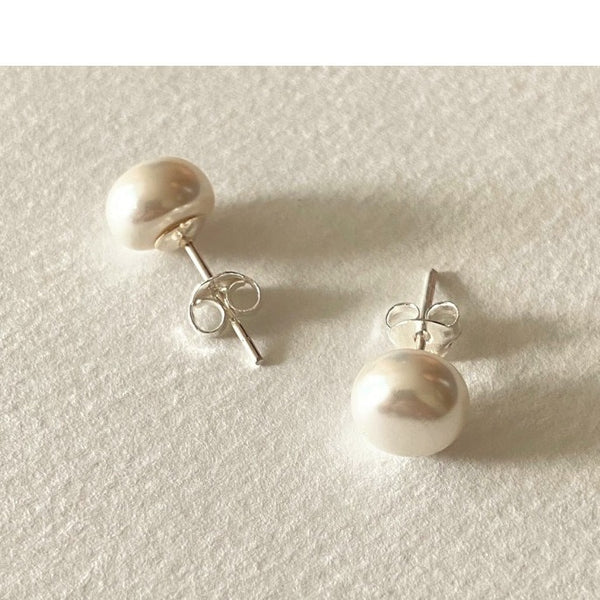 925 Sterling Silver Korean Pearl Droplet Silver Pearl Inlay Stud Earrings