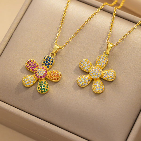 Moderate Luxury Flower Titanium Steel Diamond Inlay Necklaces