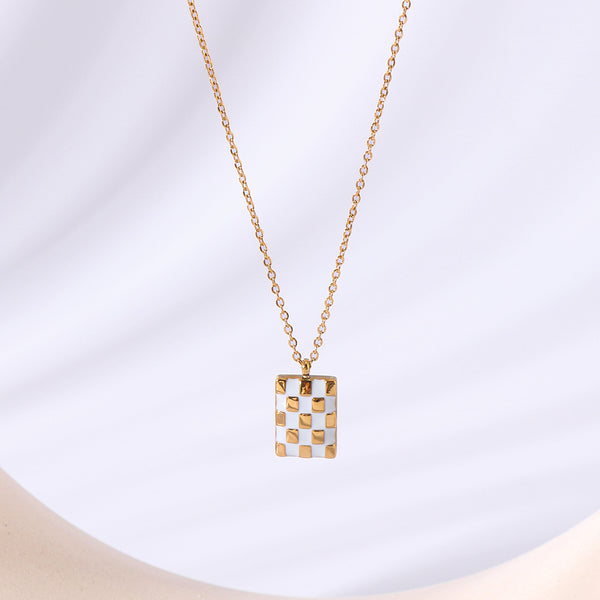 IG Style Checkered Square Geometric Stainless Steel Electroplating Necklaces