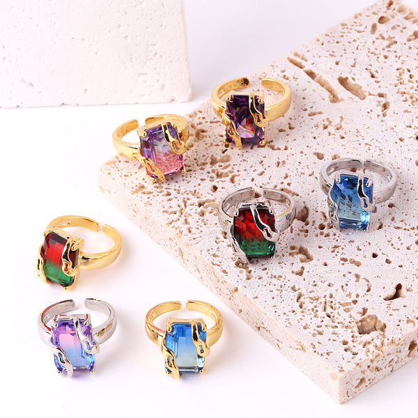 IG Style Women Quadrilateral Geometric Zircon Inlay Diamond Inlay Rings