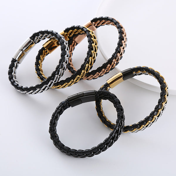 Hip Hop Men Metal Leather Electroplating String Bracelets