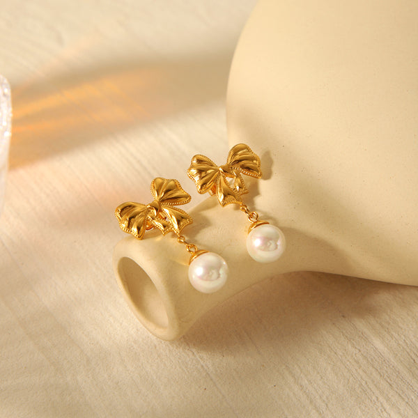 IG Style Pearl Bowknot Geometric Stainless Steel Electroplating Earrings