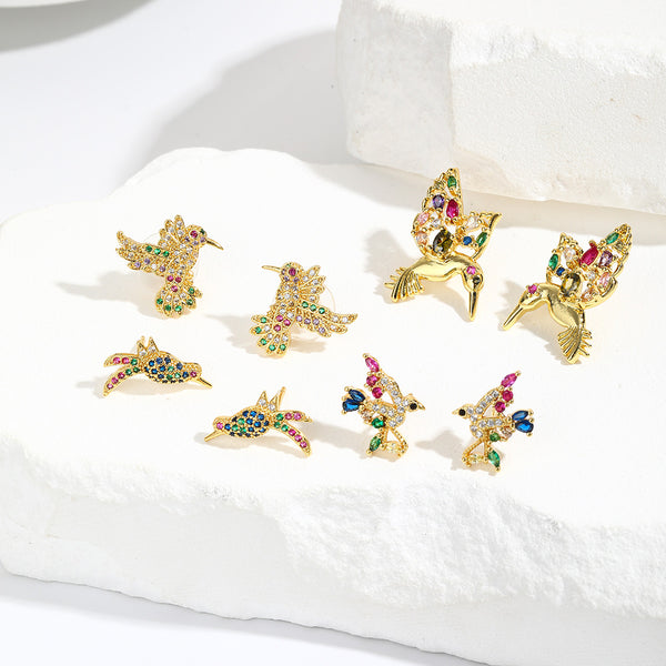 Bird Chinese Zodiac Animal Copper Diamond Inlay Earrings