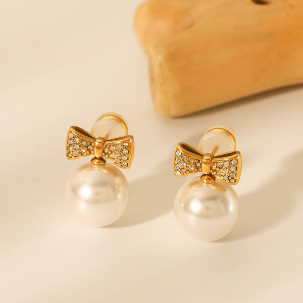 IG Style Pearl Bowknot Geometric Stainless Steel Electroplating Earrings