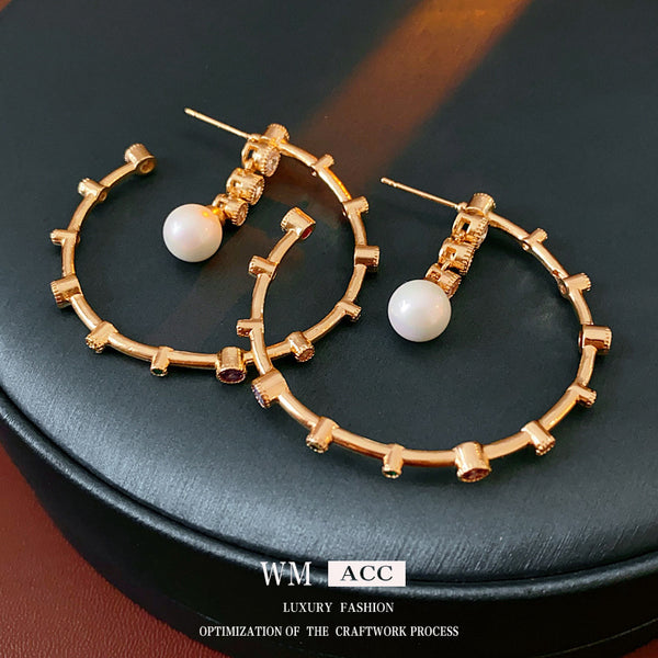 Luxurious Circle Round Geometric Artificial Pearl Zircon Inlay Earrings