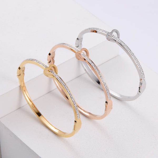 Japanese / Korean Women Metal Diamond Heart Stainless Steel Bangles