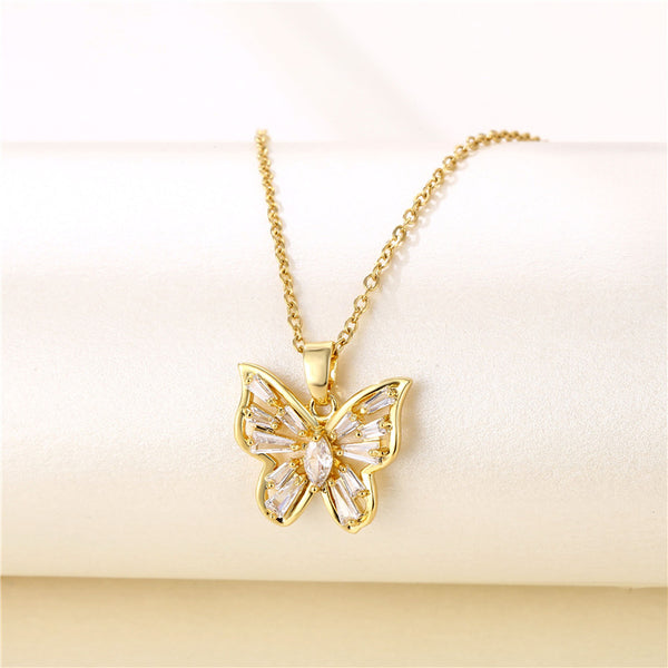 Minimalist Butterfly Geometric Stainless Steel Diamond Inlay Necklaces